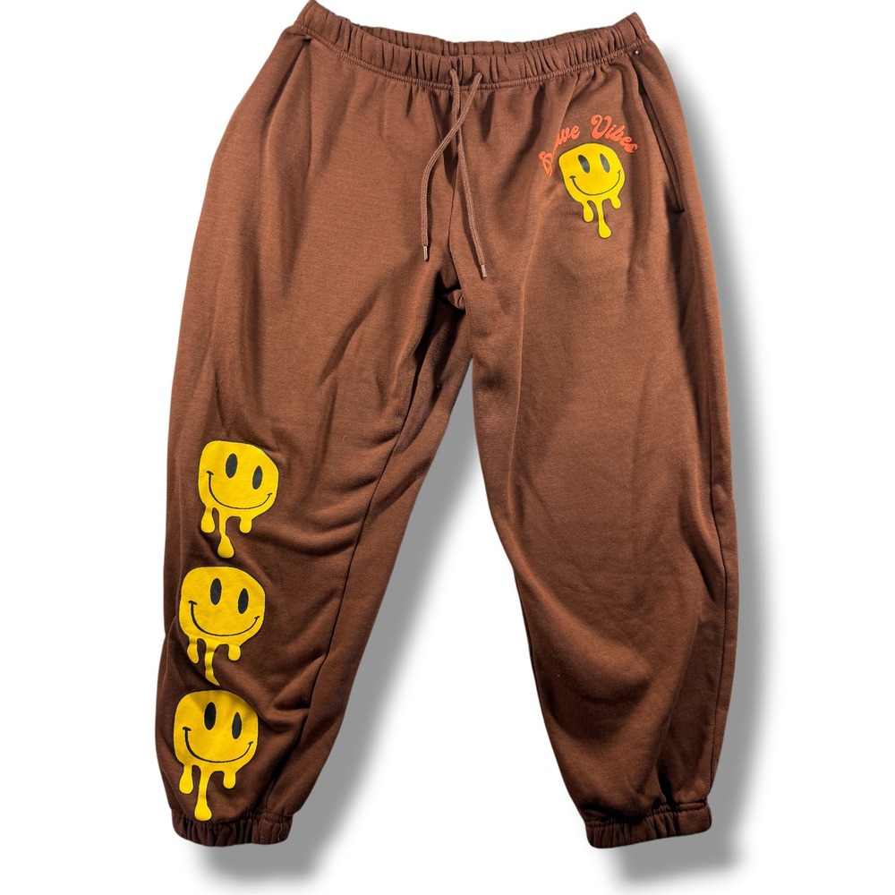 Positive Vibes Brown Melting Smiley Face Joggers Sweatpants Mens Large L